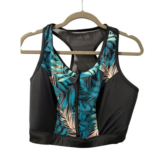 Cacique Swim By Cacique Black & Tropical Leaf Print Zip Front Sports Bra Size 20 - Picture 2 of 12